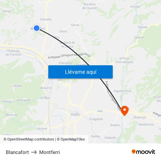 Blancafort to Montferri map