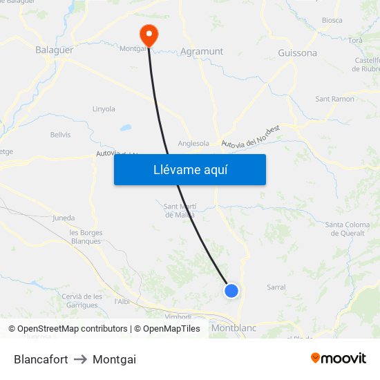 Blancafort to Montgai map
