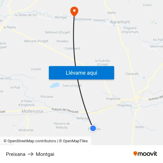Preixana to Montgai map