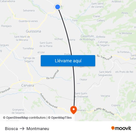 Biosca to Montmaneu map