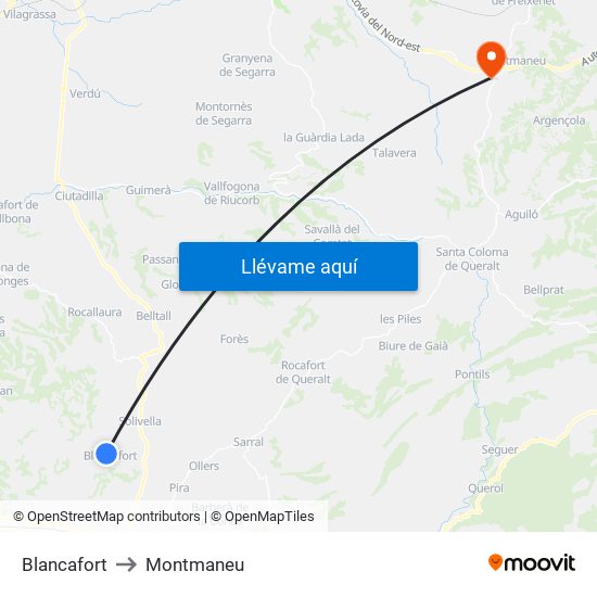 Blancafort to Montmaneu map