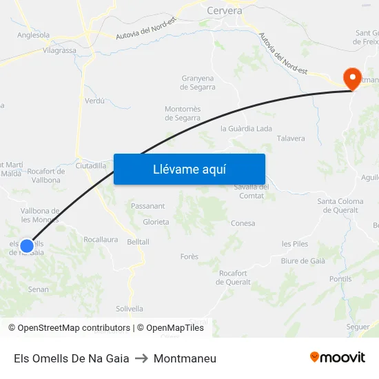 Els Omells De Na Gaia to Montmaneu map