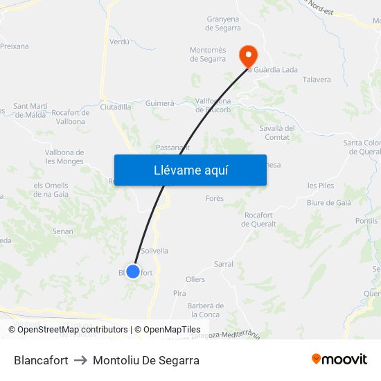 Blancafort to Montoliu De Segarra map