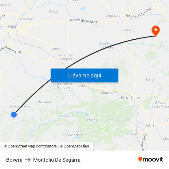 Bovera to Montoliu De Segarra map