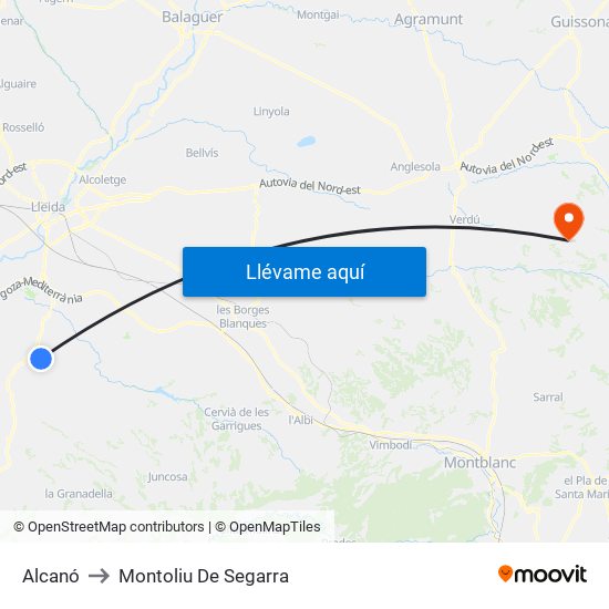 Alcanó to Montoliu De Segarra map