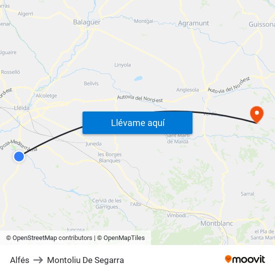 Alfés to Montoliu De Segarra map