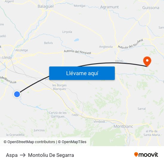 Aspa to Montoliu De Segarra map