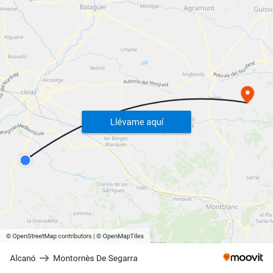 Alcanó to Montornès De Segarra map