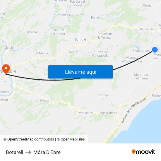 Botarell to Móra D'Ebre map