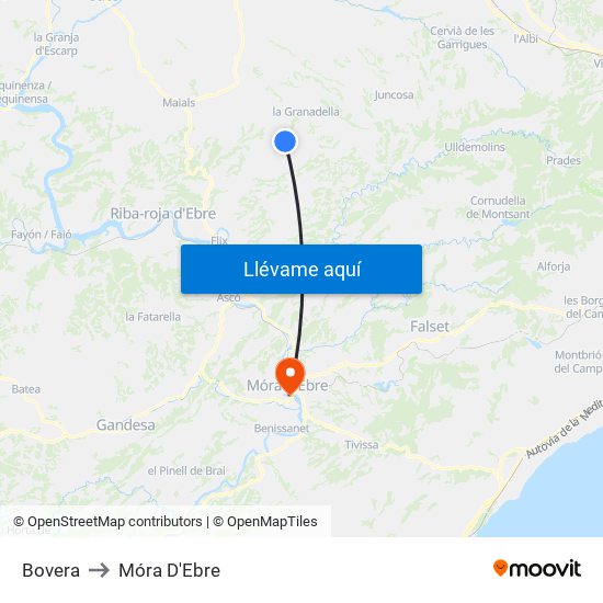 Bovera to Móra D'Ebre map