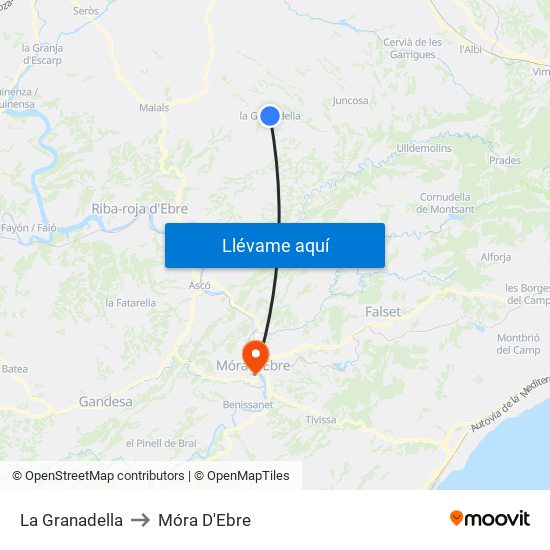 La Granadella to Móra D'Ebre map