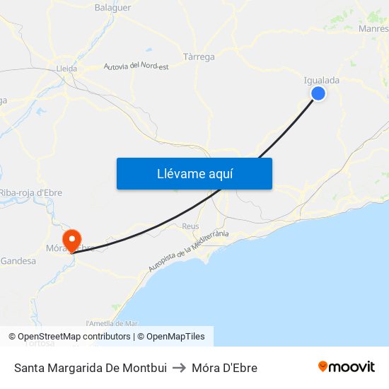 Santa Margarida De Montbui to Móra D'Ebre map