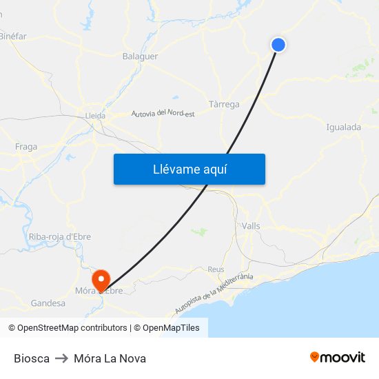 Biosca to Móra La Nova map