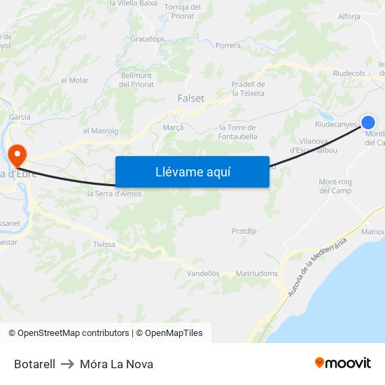 Botarell to Móra La Nova map
