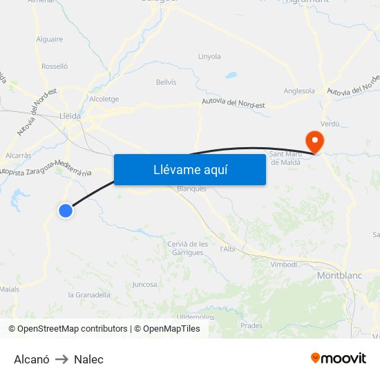 Alcanó to Nalec map