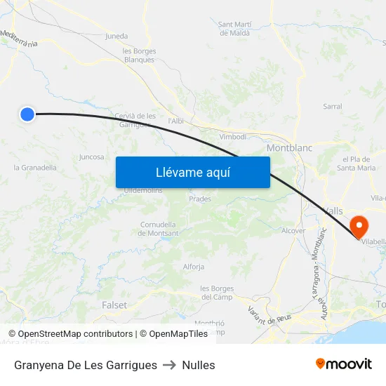 Granyena De Les Garrigues to Nulles map