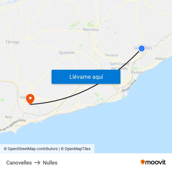 Canovelles to Nulles map