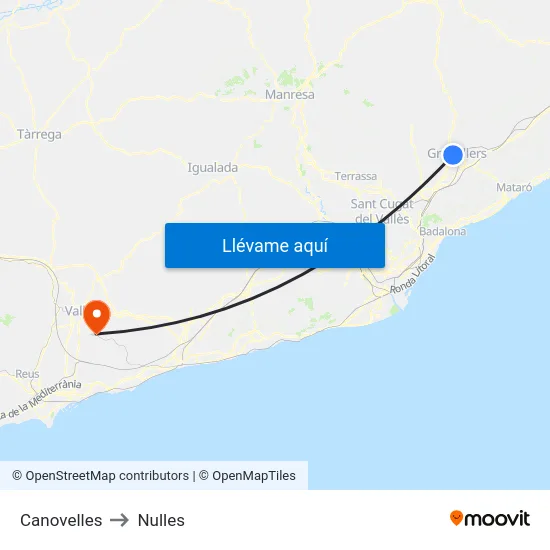Canovelles to Nulles map