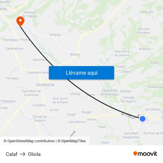 Calaf to Oliola map