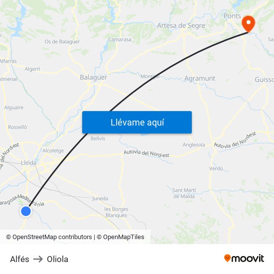 Alfés to Oliola map