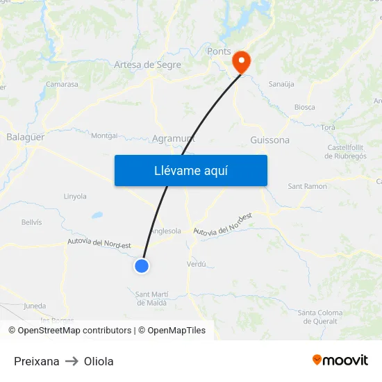 Preixana to Oliola map
