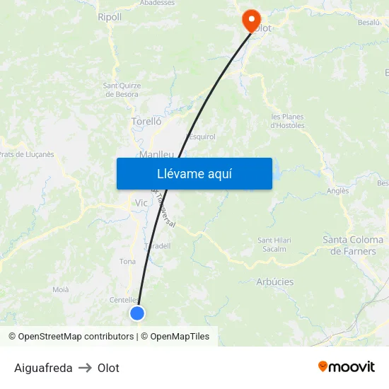 Aiguafreda to Olot map