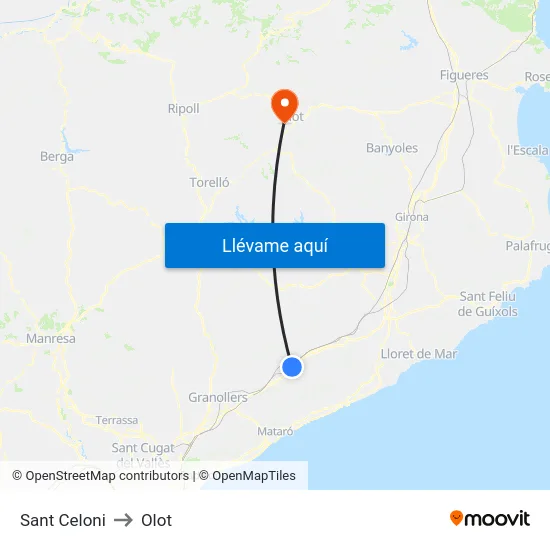 Sant Celoni to Olot map