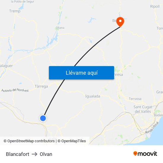 Blancafort to Olvan map