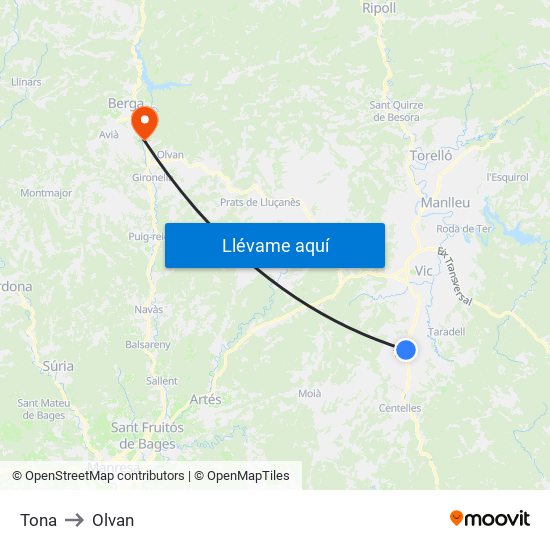 Tona to Olvan map