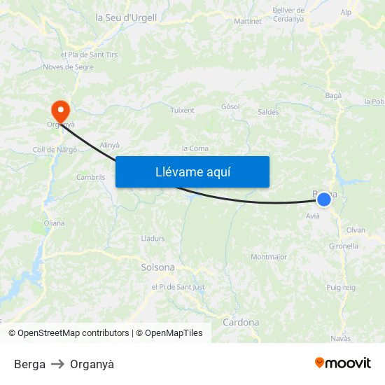Berga to Organyà map
