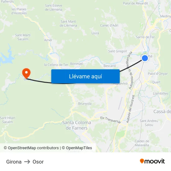 Girona to Osor map