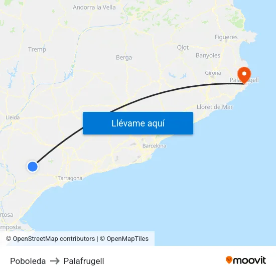 Poboleda to Palafrugell map