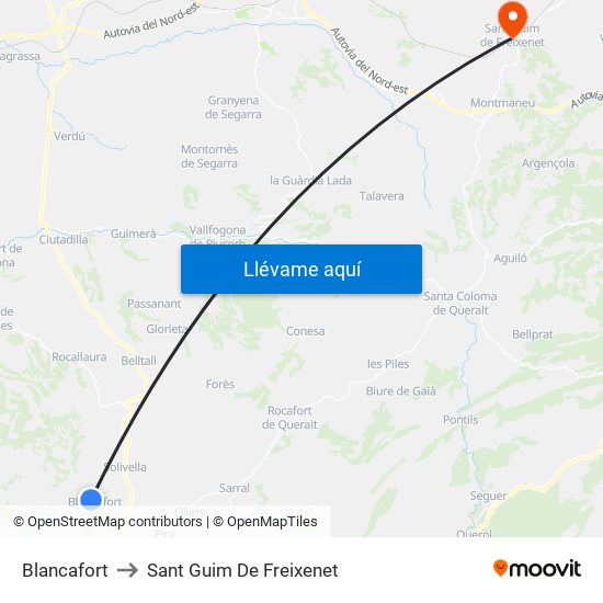 Blancafort to Sant Guim De Freixenet map
