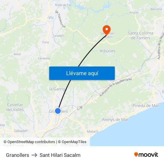 Granollers to Sant Hilari Sacalm map
