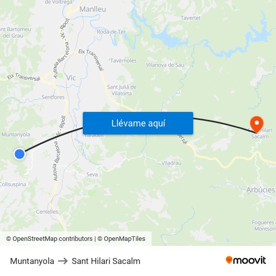 Muntanyola to Sant Hilari Sacalm map