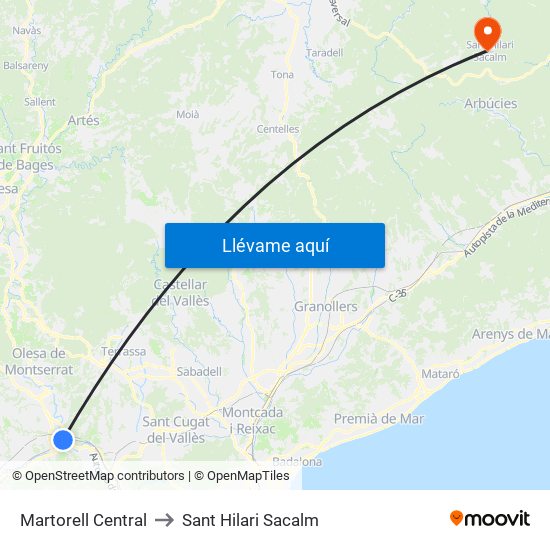 Martorell Central to Sant Hilari Sacalm map