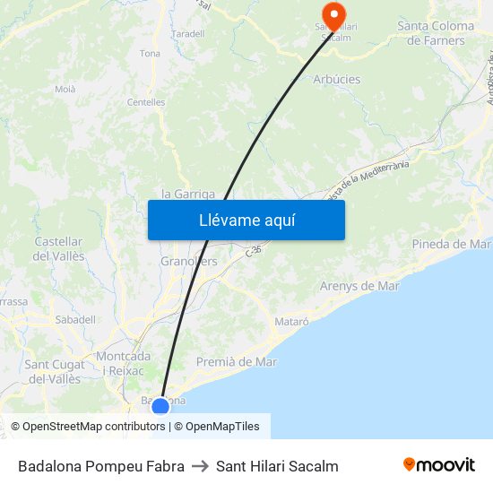 Badalona Pompeu Fabra to Sant Hilari Sacalm map