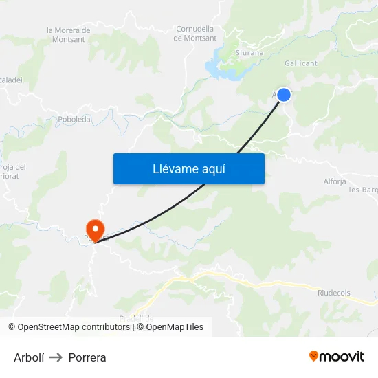Arbolí to Porrera map