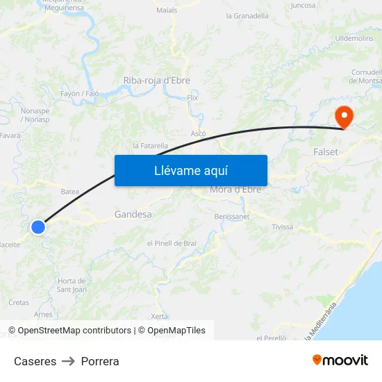 Caseres to Porrera map