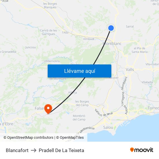 Blancafort to Pradell De La Teixeta map