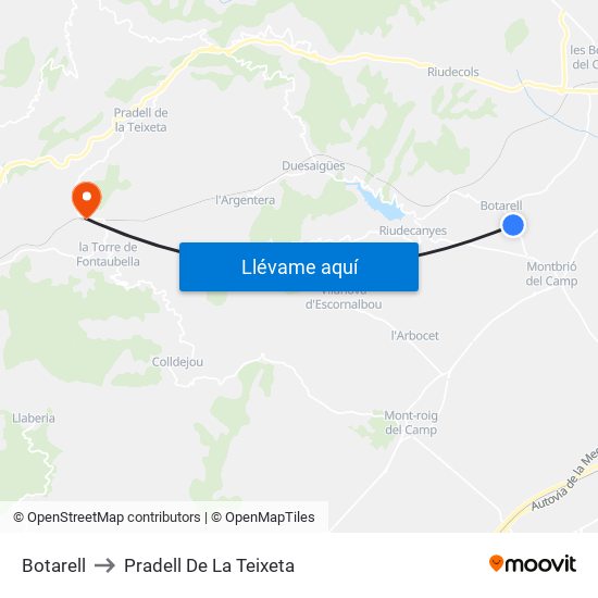 Botarell to Pradell De La Teixeta map