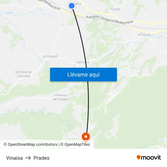 Vinaixa to Prades map