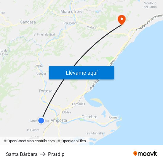 Santa Bàrbara to Pratdip map