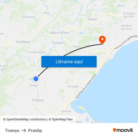 Tivenys to Pratdip map