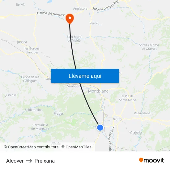 Alcover to Preixana map