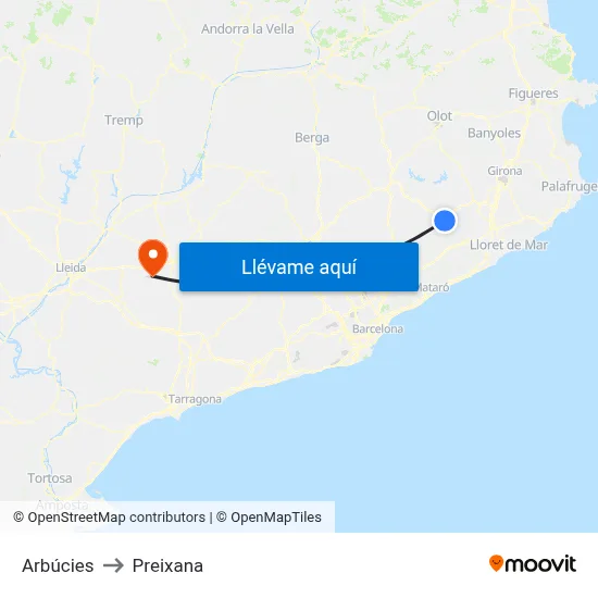Arbúcies to Preixana map