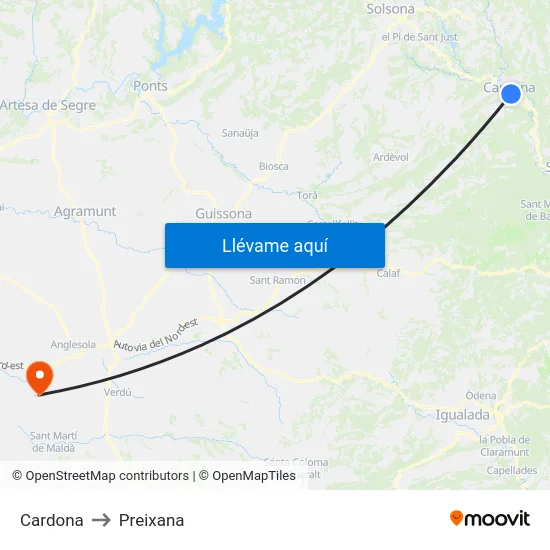 Cardona to Preixana map
