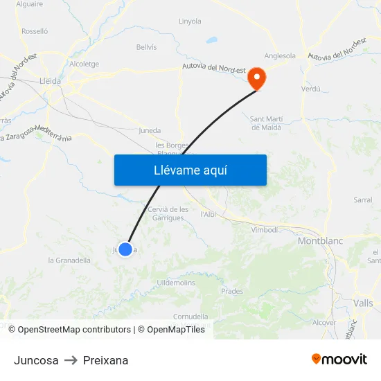 Juncosa to Preixana map