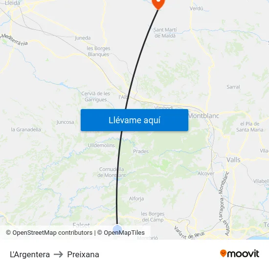L'Argentera to Preixana map