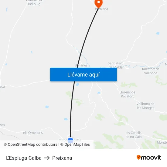 L'Espluga Calba to Preixana map